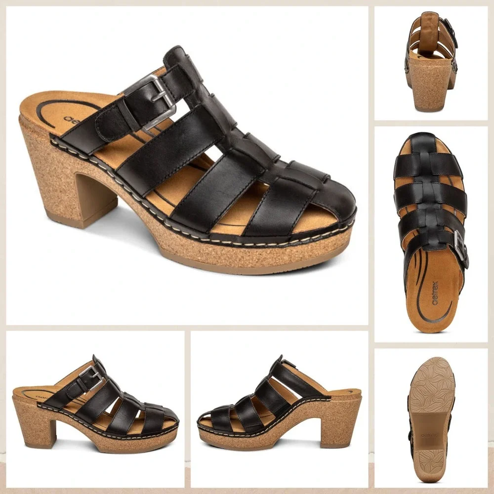 NIB Aetrex Cally 39 8.5 Black Leather Slip On Fisherman Heels Clog Sandals - Picture 4 of 12